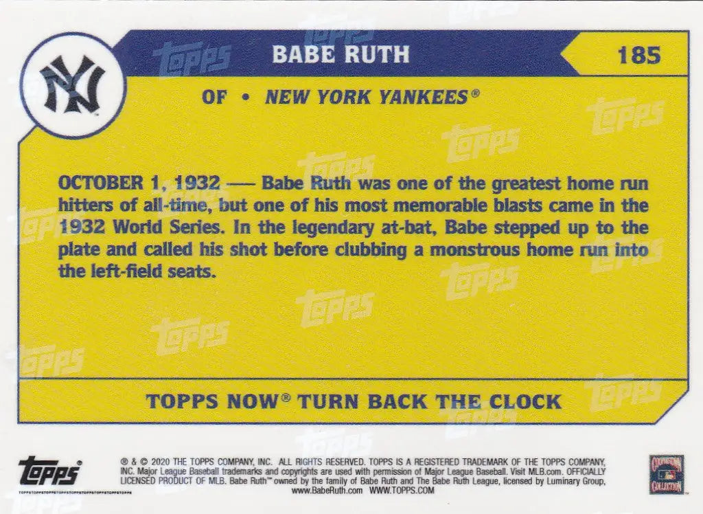 2020 TURN BACK THE CLOCK Babe Ruth baseball card featuring Babe Ruth New York Yankees