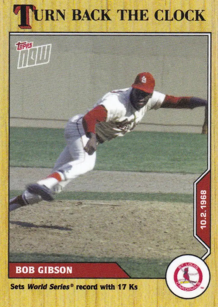 Collectible baseball card of Bob Gibson from 2020 TURN BACK THE CLOCK series featuring Louis Cardinals and Gibsion St Louis