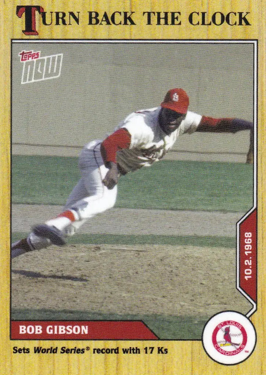 Collectible baseball card of Bob Gibson from 2020 TURN BACK THE CLOCK series featuring Louis Cardinals and Gibsion St Louis