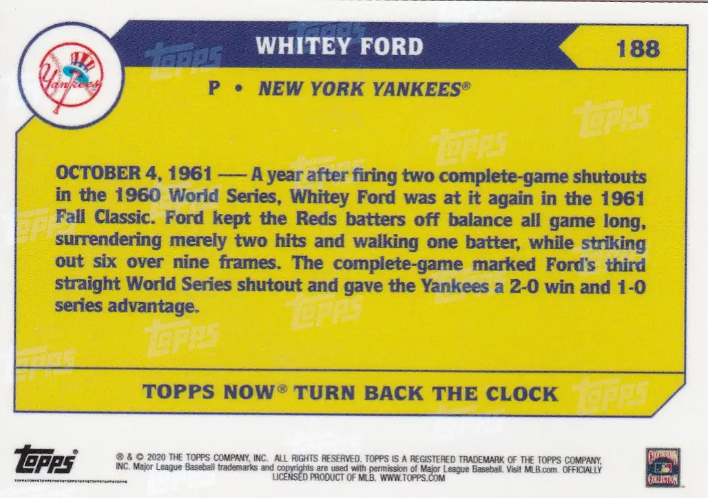 Back of a baseball trading card featuring Whitey Ford of the New York Yankees