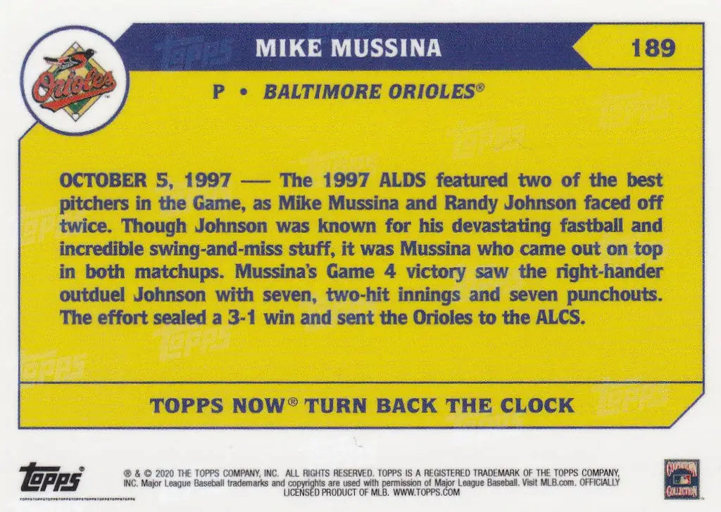 Back of 2020 TURN BACK THE CLOCK Mike Mussina Baltimore Orioles baseball card showing details