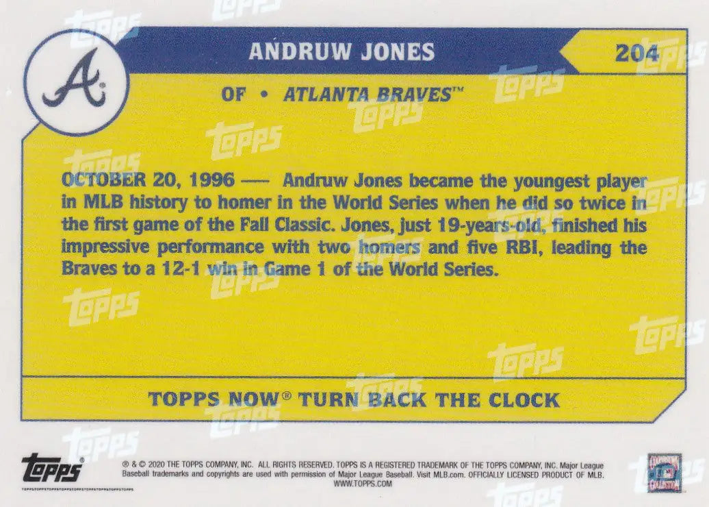 Yellow and blue baseball card of Andruw Jones Atlanta Braves logo 2020 TURN BACK THE CLOCK