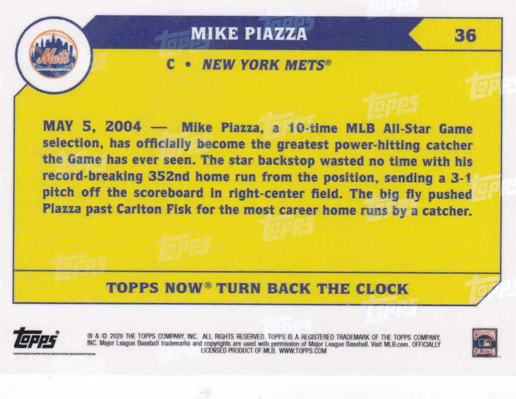Reverse side of 2020 TURN BACK THE CLOCK Mike Piazza baseball card featuring New York Mets