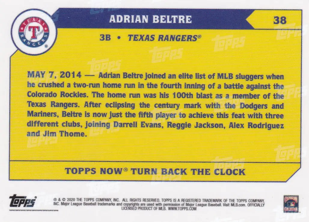 Collectible baseball card of Adrian Beltre Texas Rangers from 2020 Turn Back the Clock series