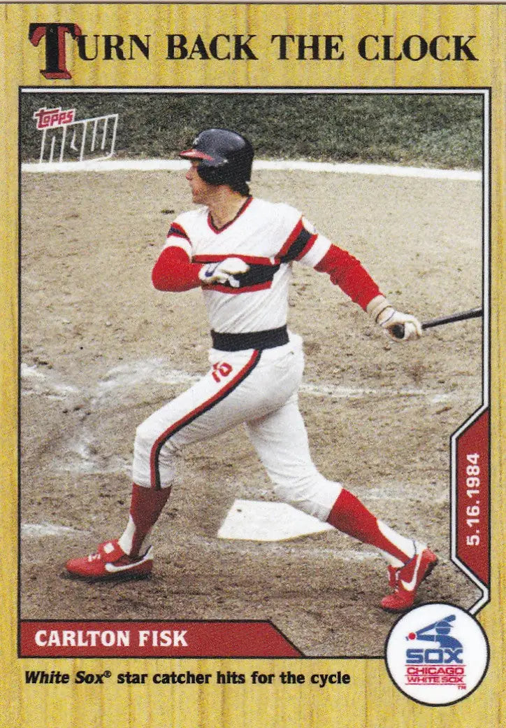 Baseball card featuring Carlton Fisk in Chicago White Sox uniform for 2020 TURN BACK THE CLOCK