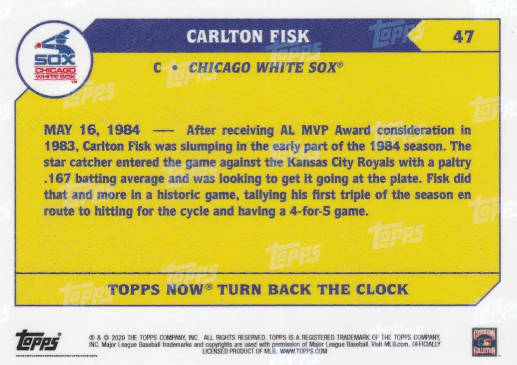 Back of a baseball trading card for Carlton Fisk Chicago White Sox team memorabilia