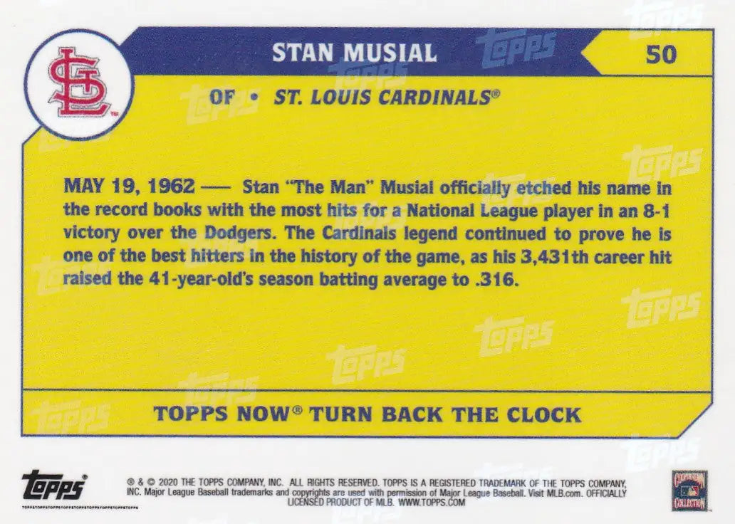 Baseball card featuring Stan Musial of the St. Louis Cardinals from 2020 TURN BACK THE CLOCK series