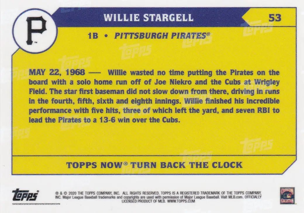 Topps baseball card featuring Willie Stargell of the Pittsburgh Pirates for 2020 TURN BACK THE CLOCK series