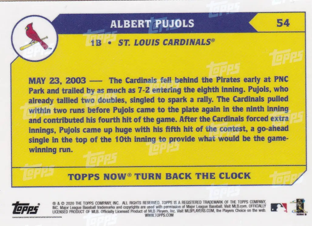 Yellow baseball card featuring cardinal logo for 2020 TURN BACK THE CLOCK Pujols St Louis