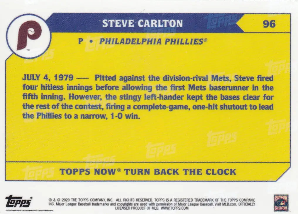 Topps Now baseball card featuring Steve Carlton- Philadelphia Phillies from 2020 TURN BACK THE CLOCK series