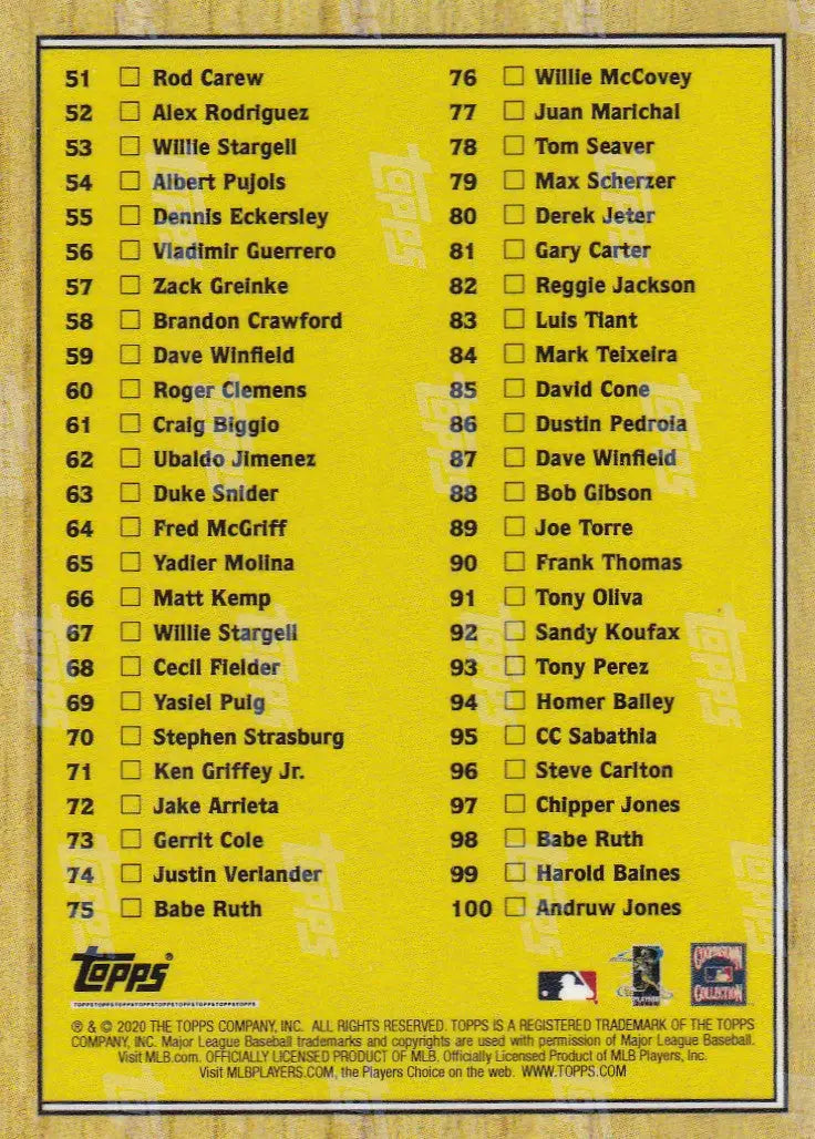2020 TURN BACK THE CLOCK CHECK LIST with baseball card checklist 51-100 for clock check
