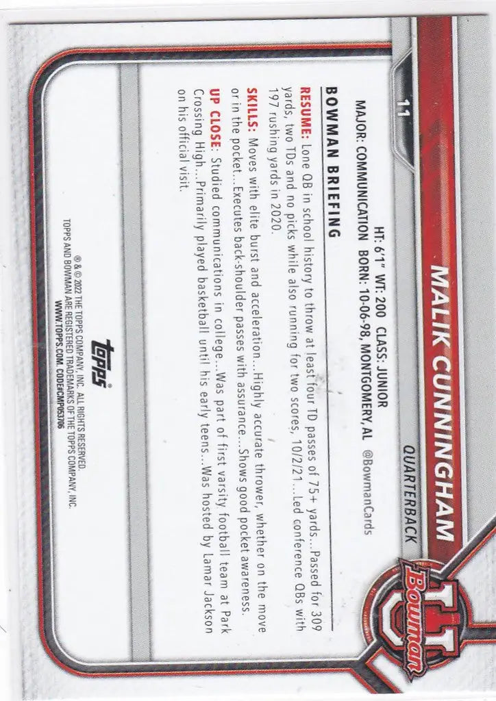 Trading card for Malik Cunningham featuring blank space for player statistics in Bowman University design
