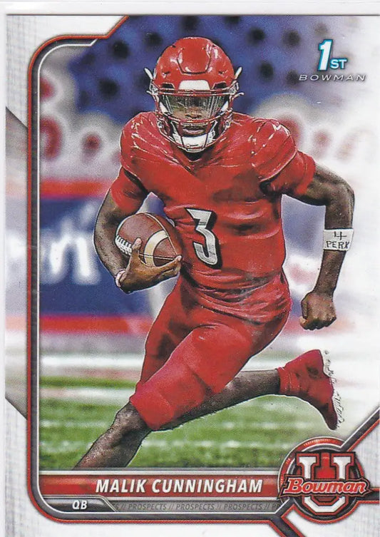 Football player Malik Cunningham in red uniform running with ball for Bowman University trading cards