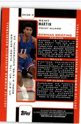 Remy Martin basketball card from Bowman University Kansas Jayhawks 2021-22 collection