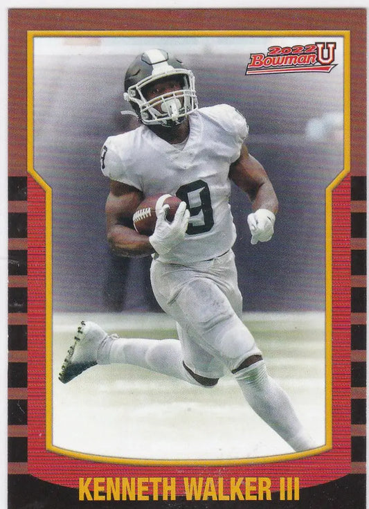 Football trading card of Kenneth Walker in white uniform from Bowman University Retro Insert