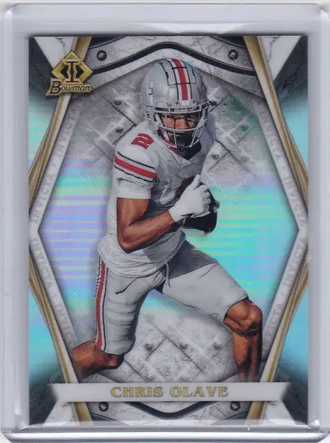 Football trading card of Chris Olave in white Ohio State uniform from Bowman University Invicta
