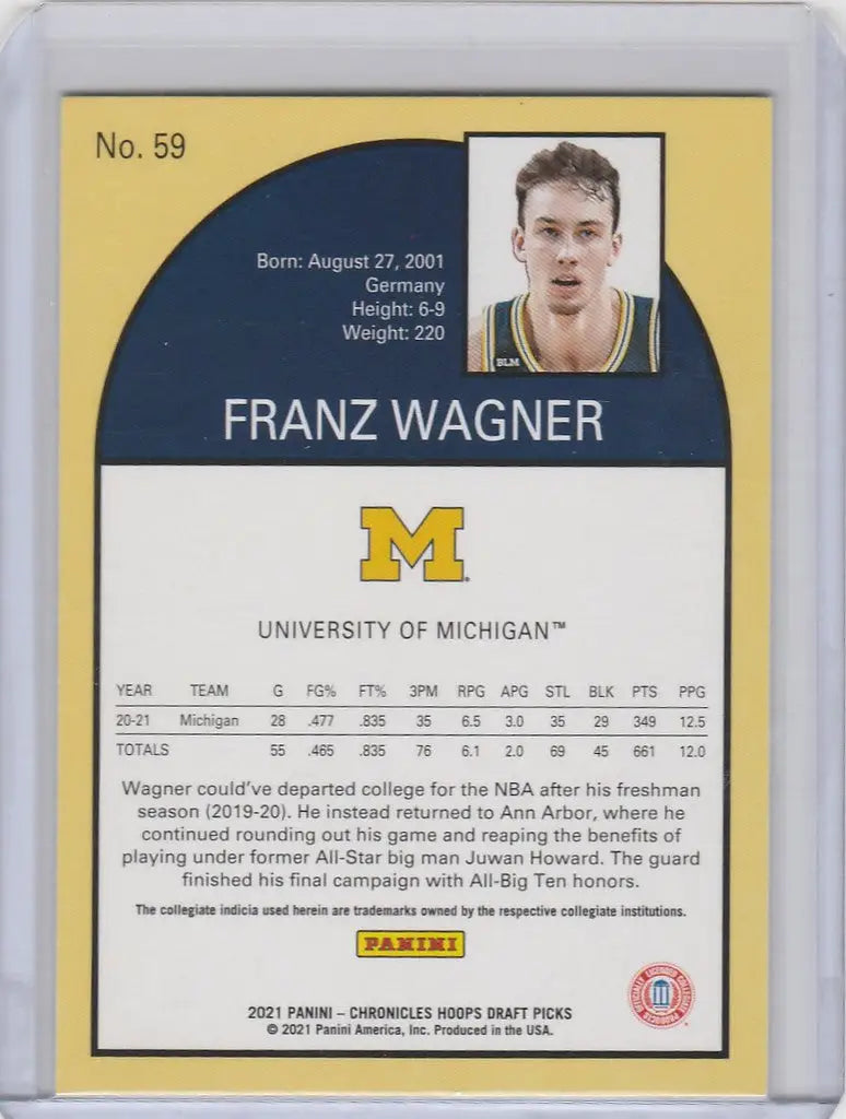 Basketball trading card of Franz Wagner Michigan from Chronicles Draft Picks Hoops