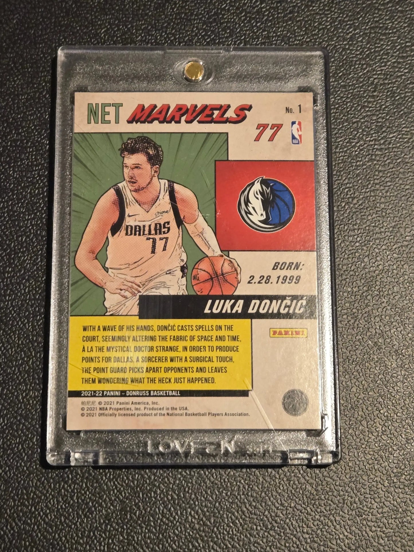 Collectible Luka Doncic basketball card in protective case from Doncic Net Marvels series