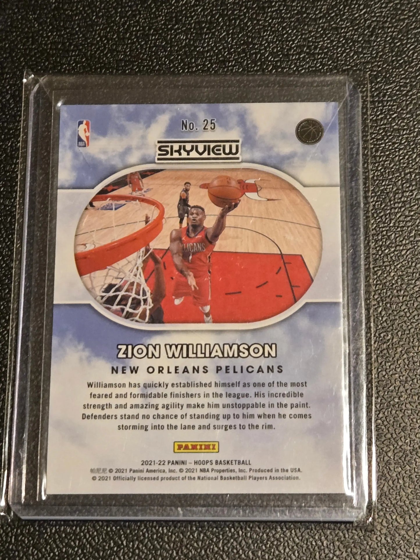 Zion Williamson Skyview holo basketball card from 2021-22 Hoops series