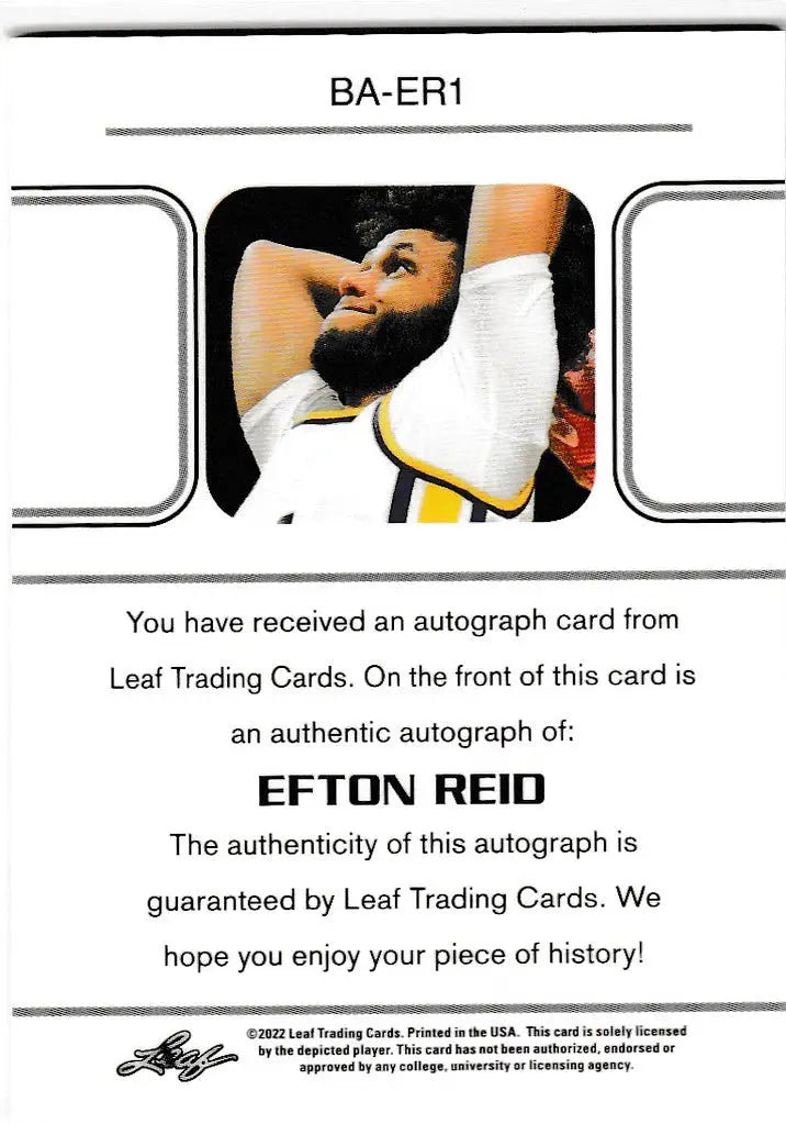 Autograph card of Efton Reid in white and blue uniform from Leaf Memories Auto