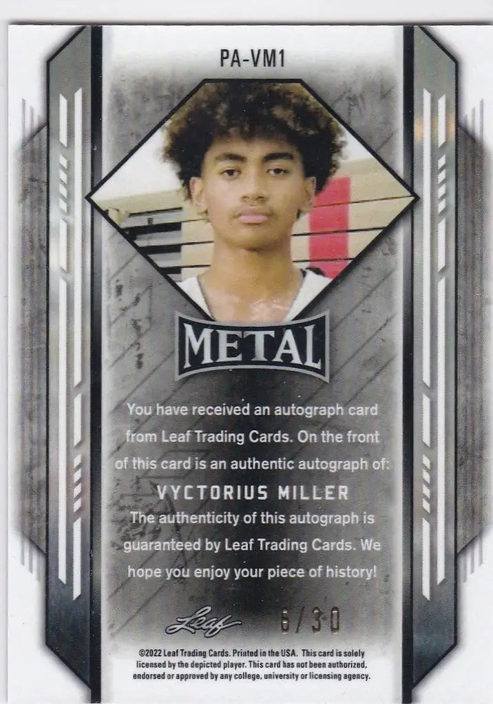Autographed Vyctorius Miller Blue Wave Auto trading card featuring young athlete