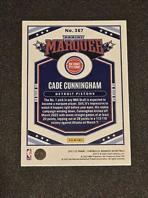 Cade Cunningham basketball trading card from 2021-22 Panini Chronicles series