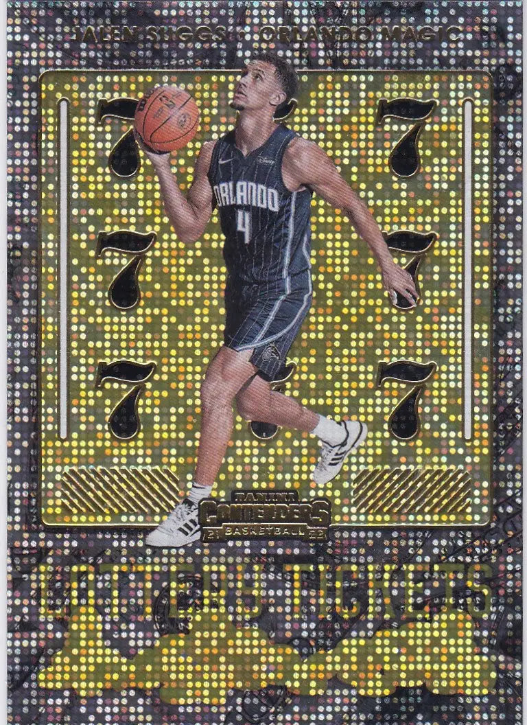 Basketball player Jalen Suggs in Orlando Magic uniform leaping with lottery tickets Orlando