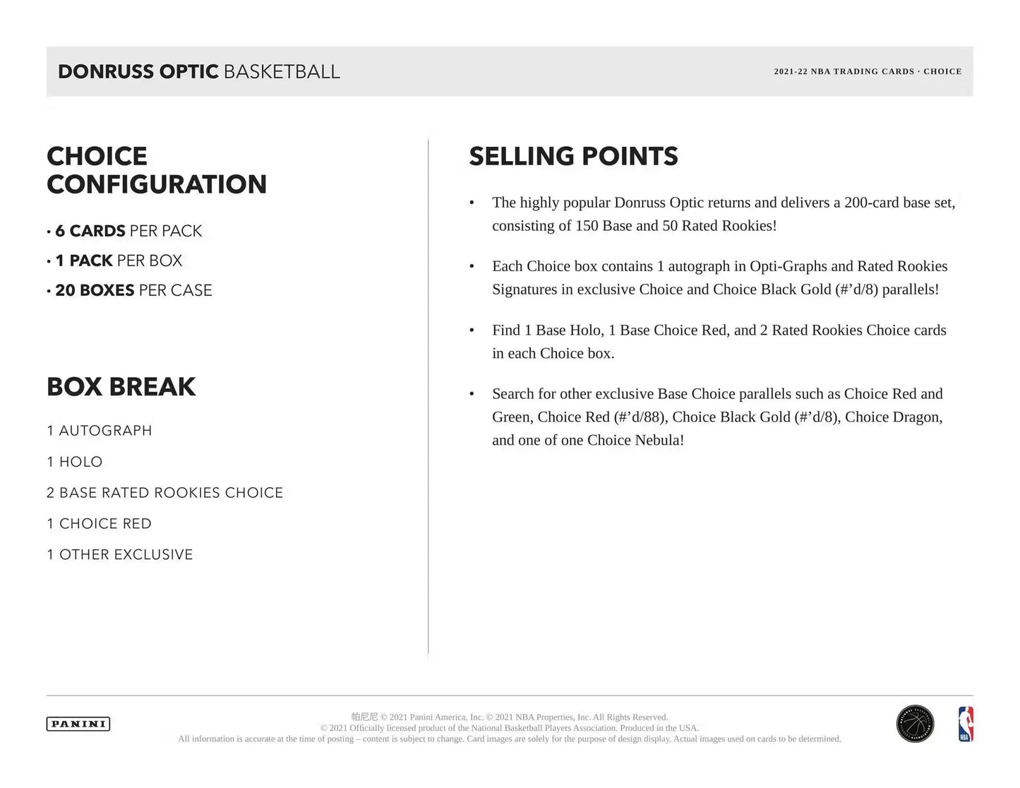 Product information sheet for 2021-22 Panini Donruss Optic Basketball Choice Box featuring Rated Rookies and Choice Red and Black Gold configurations