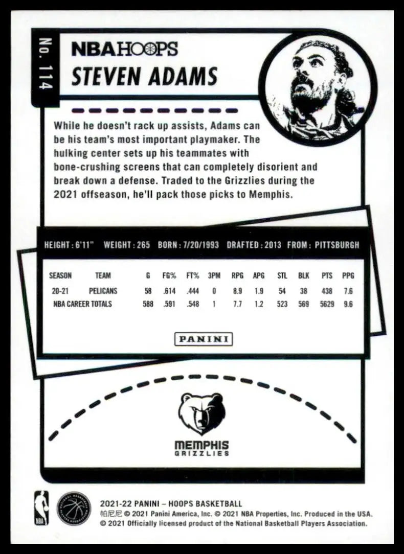 2021-22 Panini NBA Hoops Steven Adams #114 Memphis Grizzlies Basketball Card NBA - Basketball Card