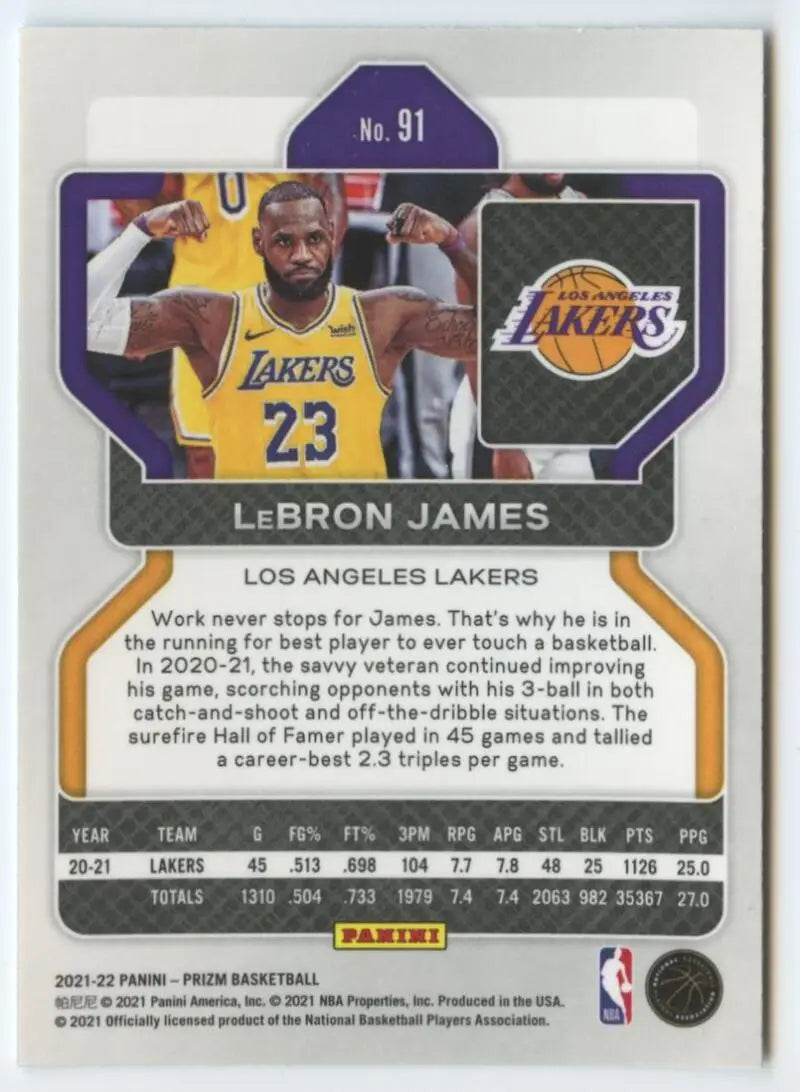 LeBron James Los Angeles Lakers basketball card from 2021-22 Panini Prizm series