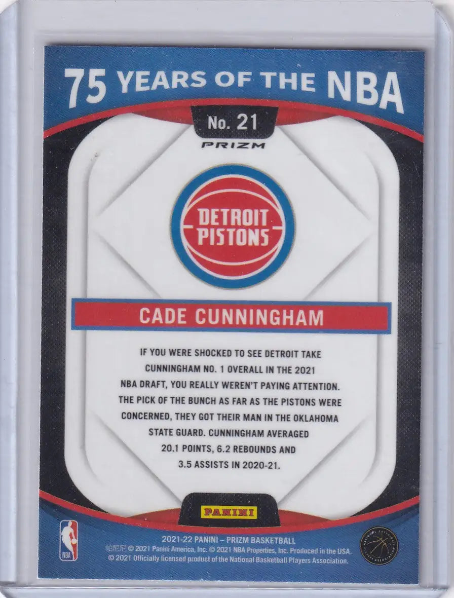 2021-22 Panini Prizm Blue Cade Cunningham Detroit Pistons basketball card image