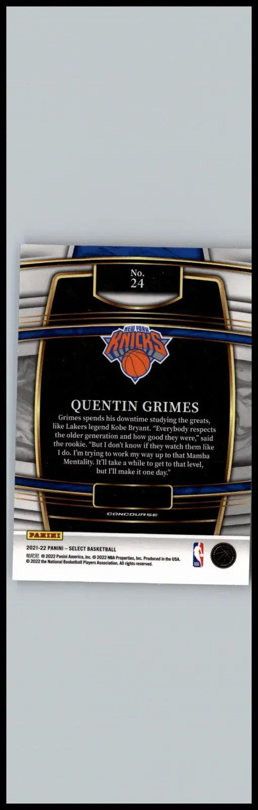 Quentin Grimes Blue basketball card from 2021-22 Panini Select Grimes Blue Prizms