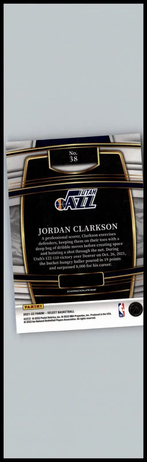 Jordan Clarkson basketball card from Panini Select 2021-22 featuring Jordan Clarkson Blue