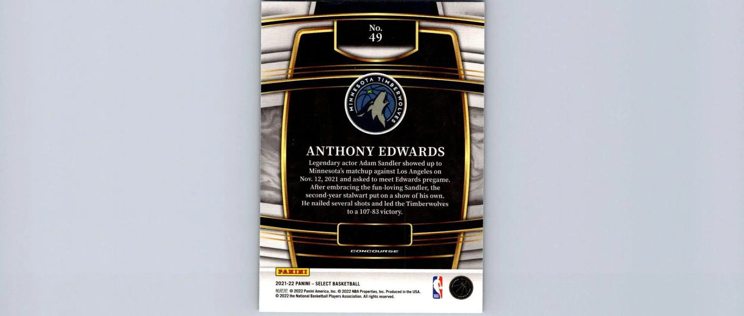 Basketball card back of 2021-22 Panini Select #49 Anthony Edwards Blue Prizms