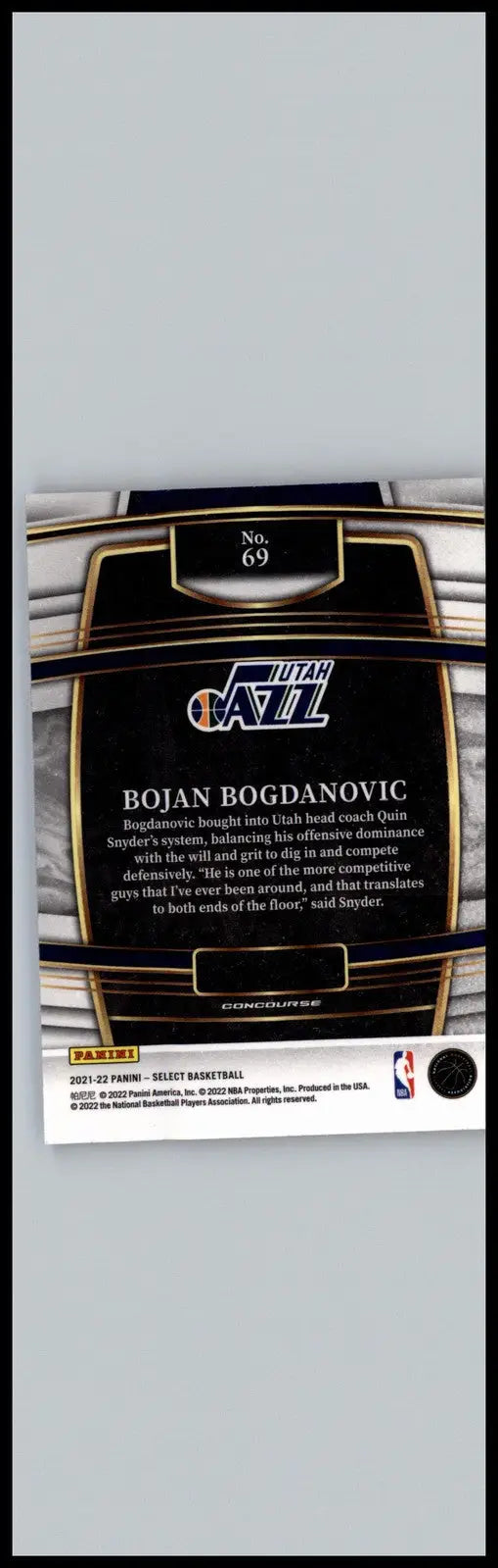 Bojan Bogdanovic basketball card from Panini Select 2021-22 Bojan Bogdanovic Blue Utah Jazz