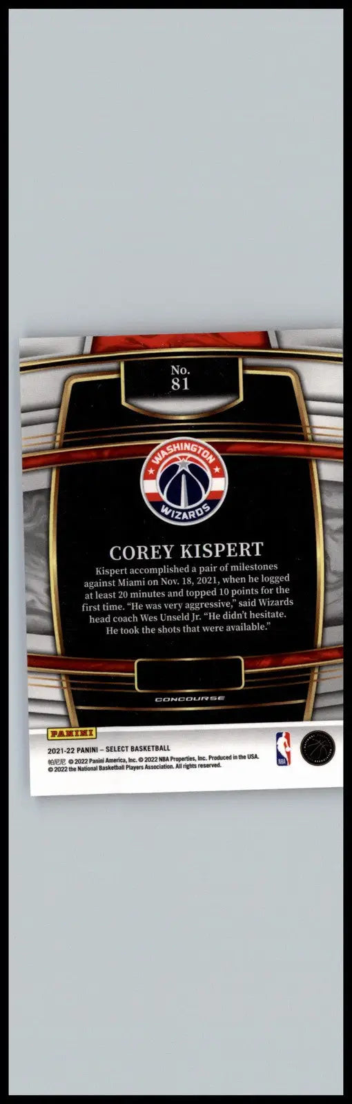 Corey Kispert Blue basketball card from Panini Select 2021-22 Washington Wizards