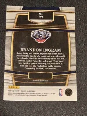 Brandon Ingram basketball card from 2021-22 Panini Select featuring Orange Flash Prizms