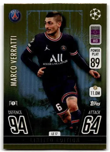 Marco Verratti trading card from 2021-22 Topps Match Attax UEFA Champions League Limited Edition Gold