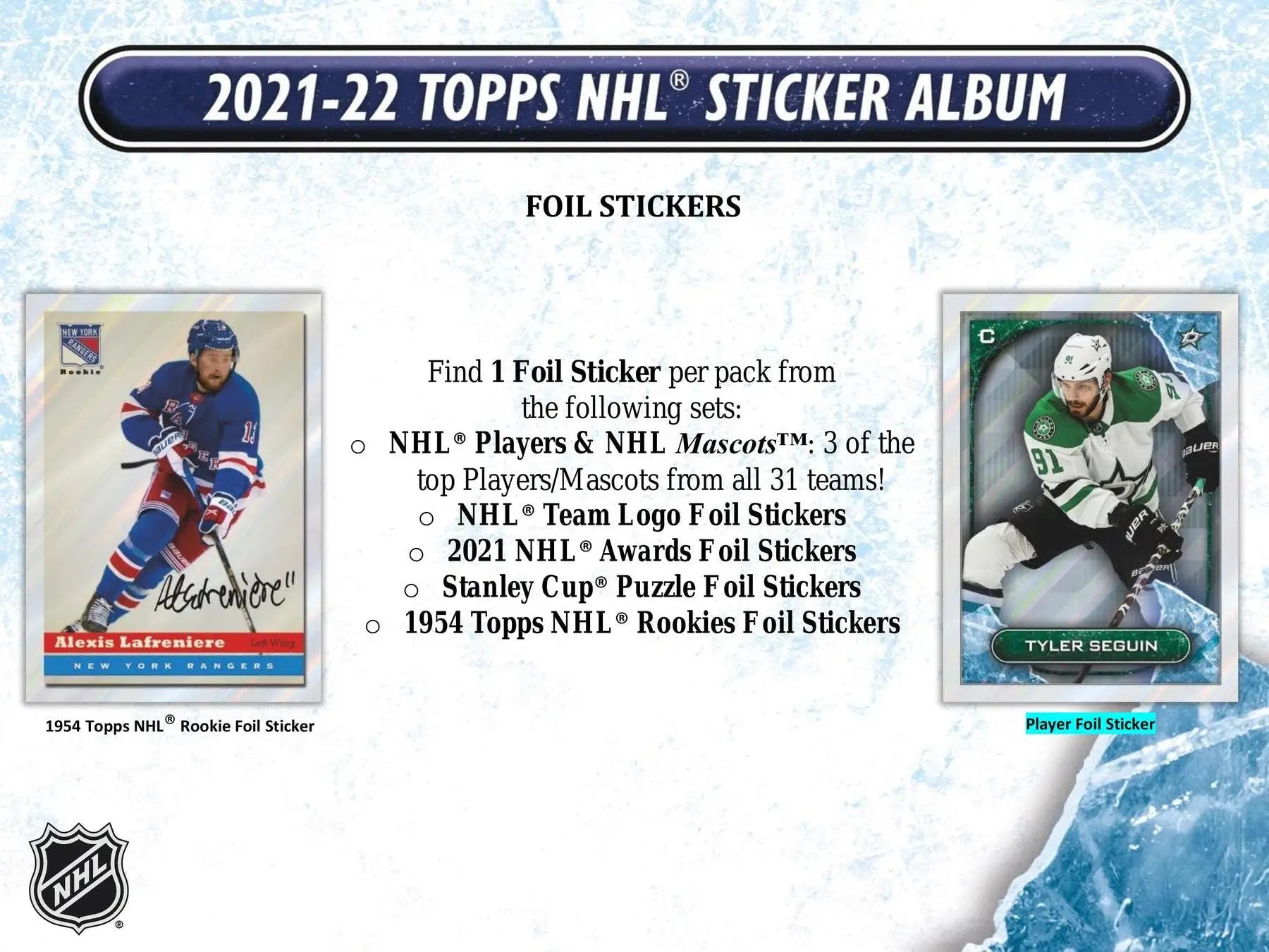 Display of 2021-22 Topps NHL Sticker Collection Box with foil and hockey player stickers