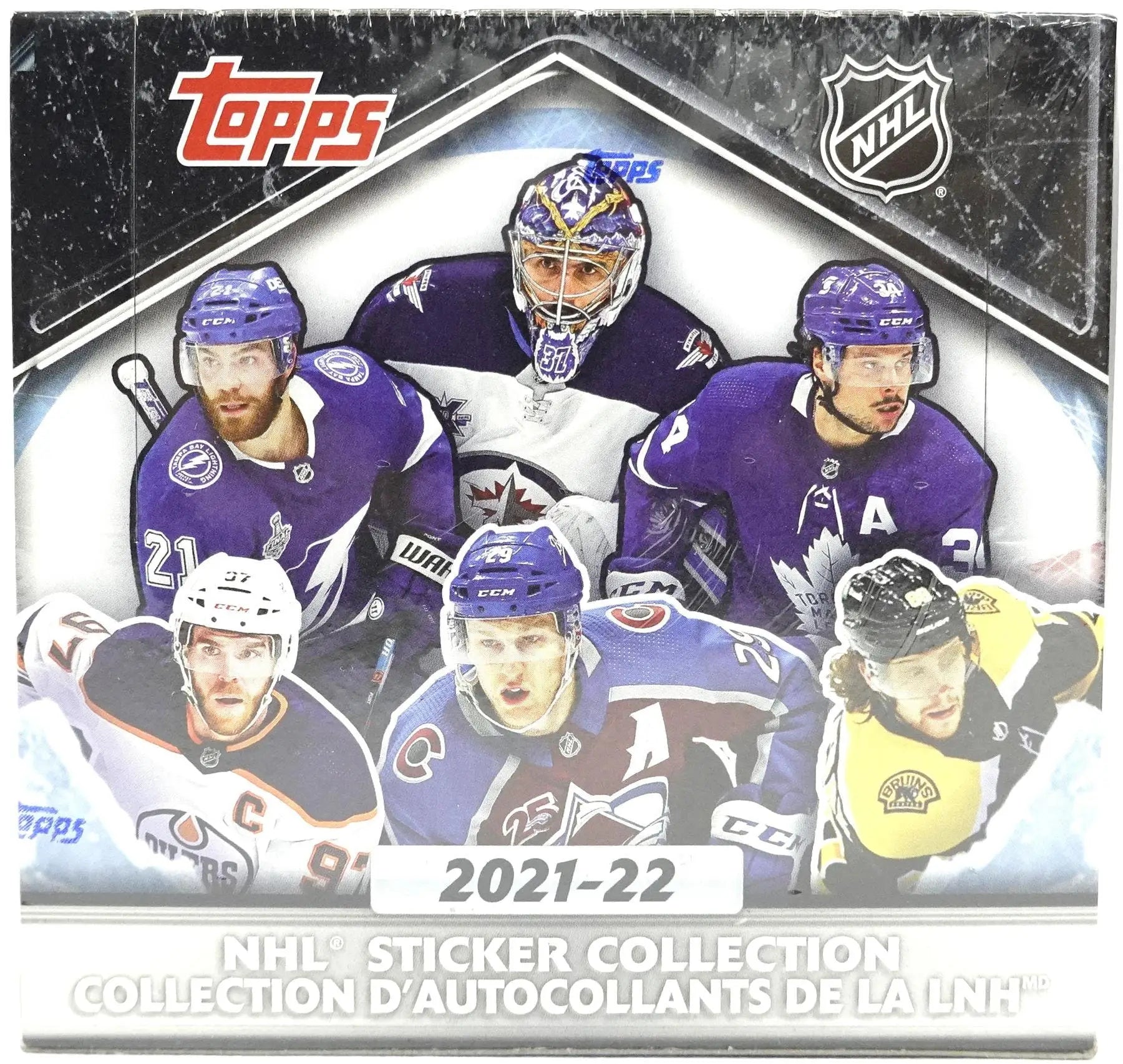 Sealed 2021-22 Topps NHL sticker collection box featuring Stanley Cup and NHL Reverse Retro cards