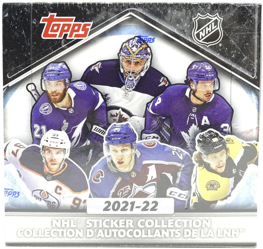 Sealed 2021-22 Topps NHL sticker collection box featuring Stanley Cup and NHL Reverse Retro cards