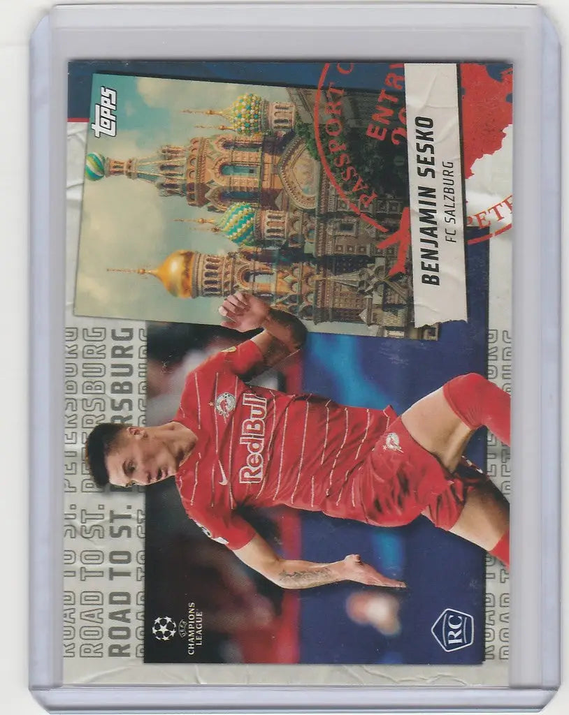 Soccer trading card of Benjamin Sesko in red jersey with city skyline, UEFA St Petersburg