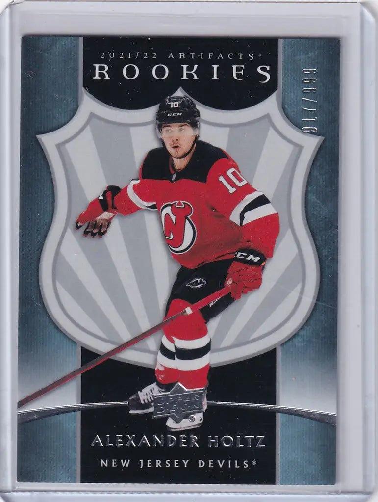 Hockey trading card of Alexander Holtz from Upper Deck Artifacts for New Jersey Devils