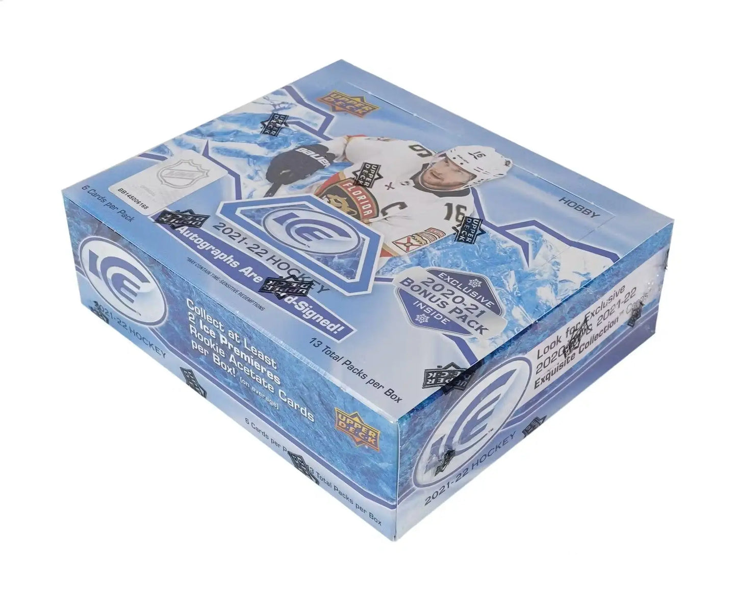 Box of 2021-22 Upper Deck Ice Hockey cards with base set and Ice Premieres content