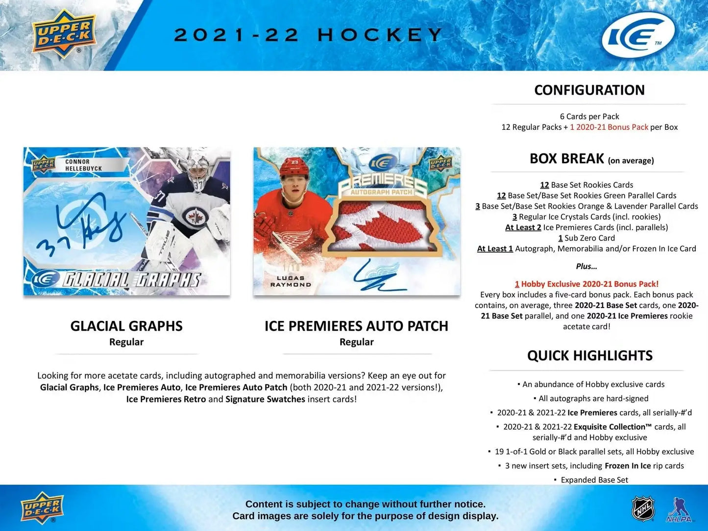 2021-22 Upper Deck Ice Hockey Hobby Box featuring base set and Ice Premieres cards