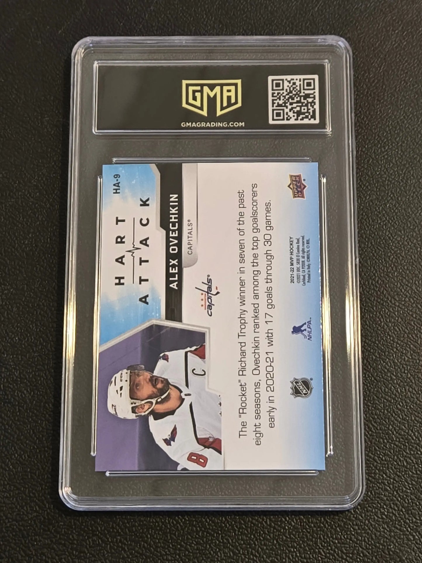 A graded Alex Ovechkin Hart Attack hockey trading card from Upper Deck MVP series