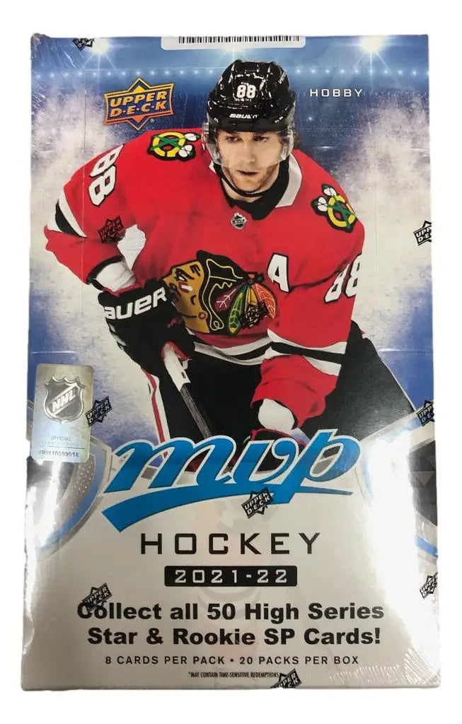 Upper Deck MVP 2021-22 Hockey trading card box featuring Chicago Blackhawks player