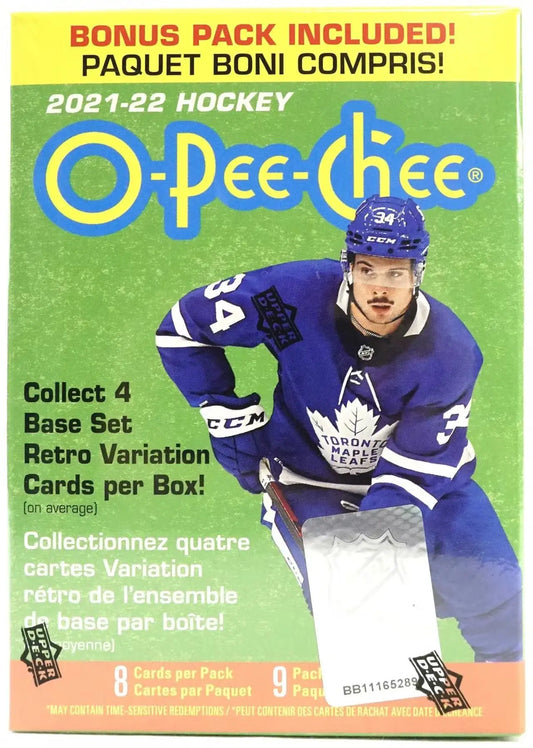 Sealed 2021-22 Upper Deck O-Pee-Chee Hockey Blaster Box with bonus pack, base set, yellow border parallel