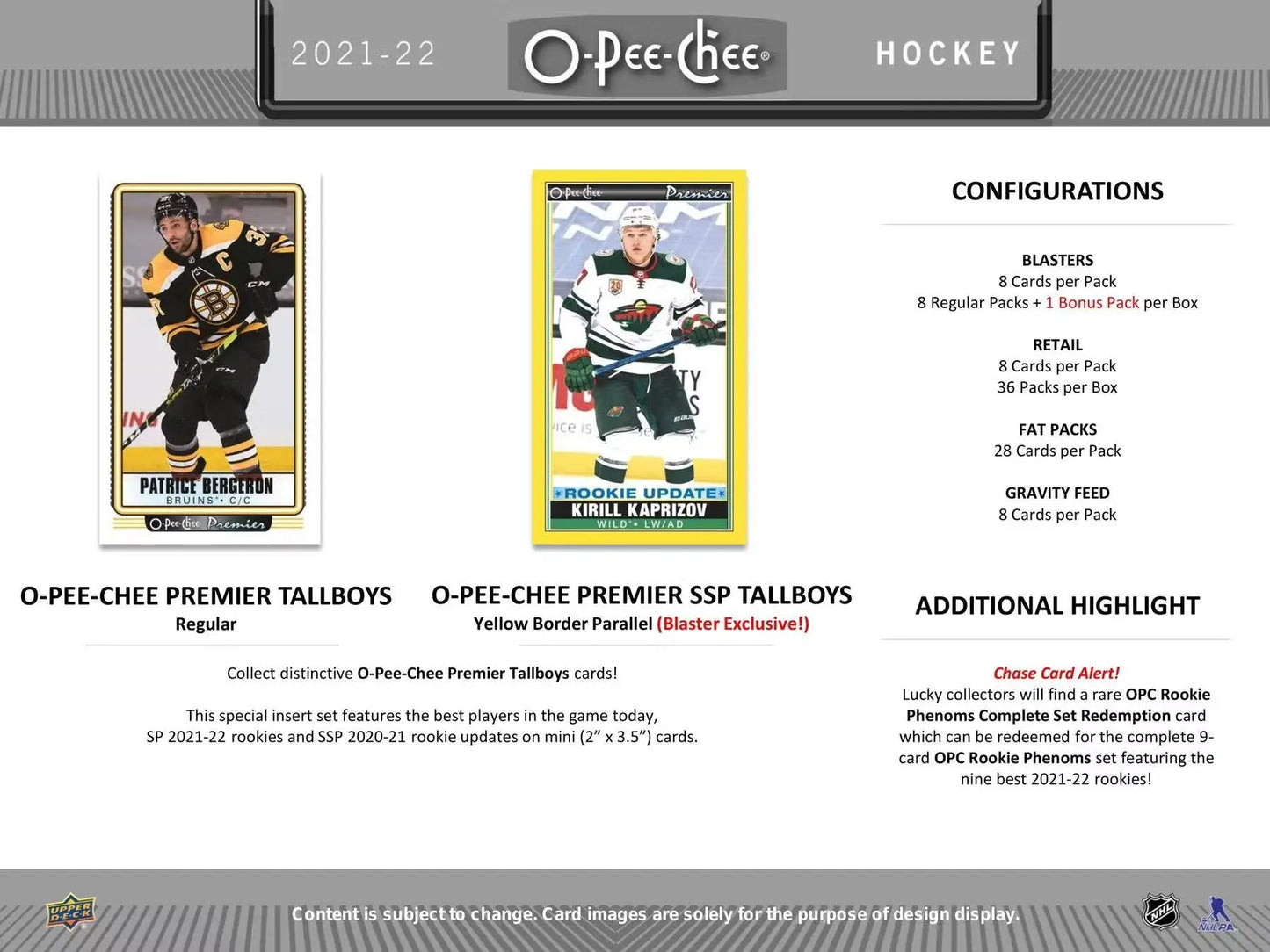 Hockey card product ad featuring 2021-22 Upper Deck O-Pee-Chee Retail Box with base set, OPC Rookie Phenom and O-pee-chee Premier