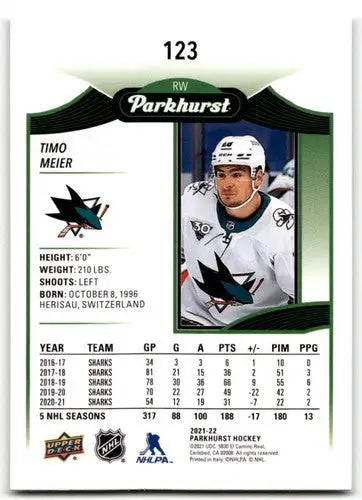 Timo Meier hockey card from 2021-22 Upper Deck Parkhurst Sharks collection